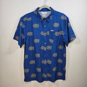 Florida Gators Men's Shirt Button Up Columbia PFG Logo AOP Blue Short Sleeve Med